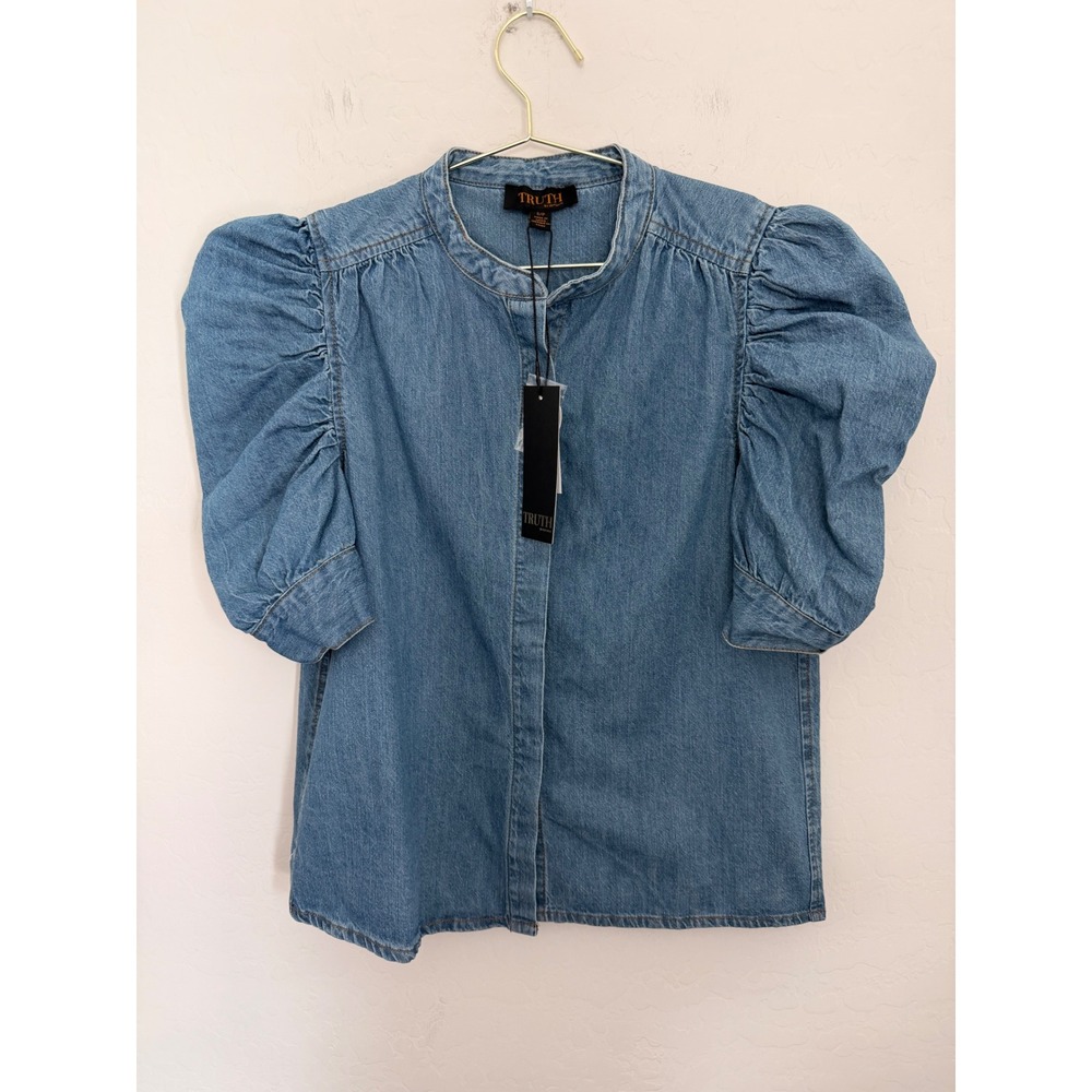 Truth by Republic Blue Denim Puff Sleeve Band Collar Boho Blouse Top Small NEW